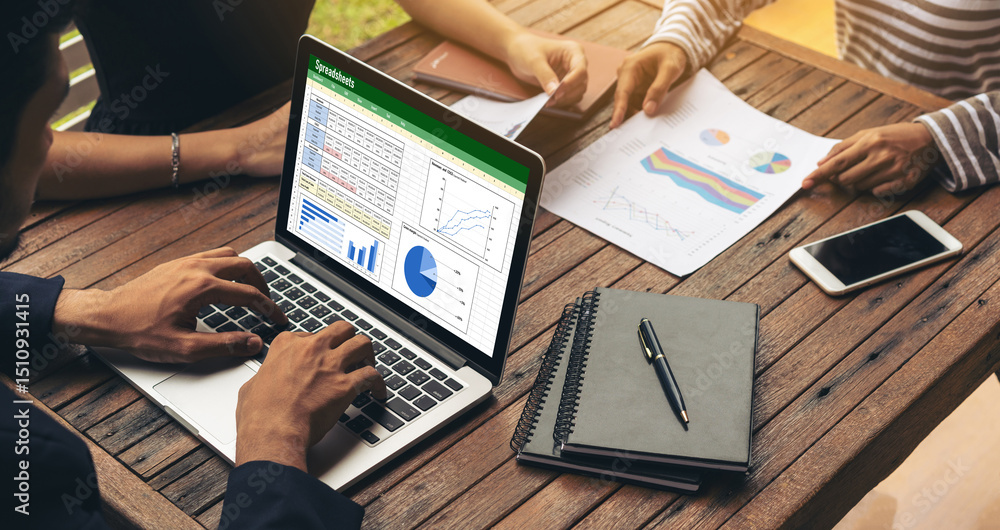 Poster spreadsheet document information financial startup concept. data and graphs in spreadsheet documents