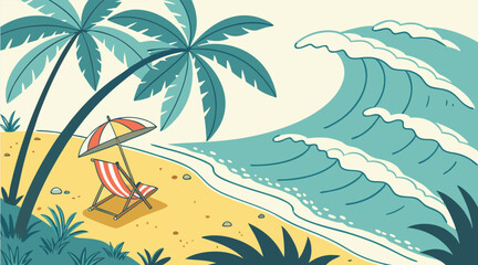"Relaxing Beach Paradise: Tropical Vacation Destination with Waves and Palm Trees"