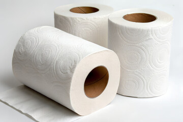 Three rolls of white toilet paper soft and absorbent essential for hygiene and household use