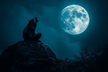 Silhouette of a werewolf howling at the full moon