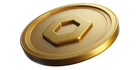 Golden coin with hexagon shape isolated on transparent background, representing digital currency