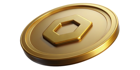 Golden coin with hexagon shape isolated on transparent background, representing digital currency