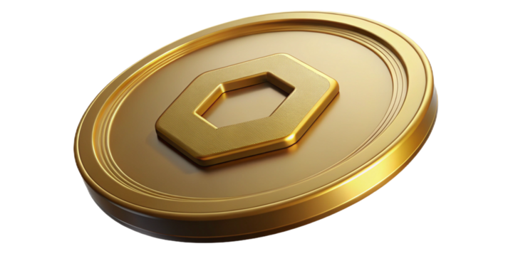 Golden coin with hexagon shape isolated on transparent background, representing digital currency
