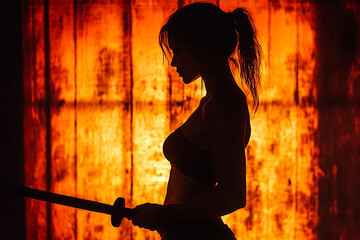 Silhouette of a woman holding nunchucks