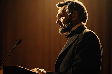 Silhouette of Abraham Lincoln delivering a speech