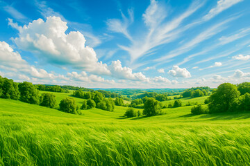 Obraz premium green field and blue sky with clouds, Grassy Fields Under a Summer Blue Sky