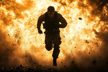 Silhouette of an action hero running from an explosion