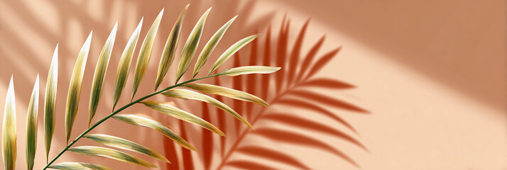 background with shadows and palm leaves in trendy mocha mousse color.