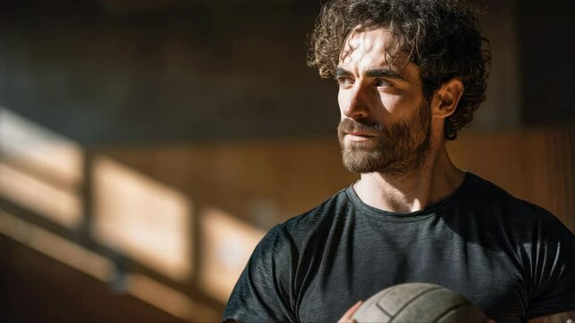 A curly-haired man stands with a volleyball in his hands in the gym. The sun rays from the window.