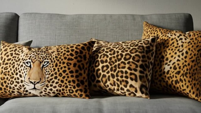 A gray sofa adorned with three decorative pillows featuring leopard and tiger animal print designs resting on it