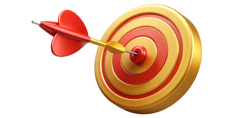 Red and gold target with dart hitting bullseye, isolated on transparent background