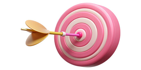 Pink and white target with gold dart hitting bullseye isolated on transparent background