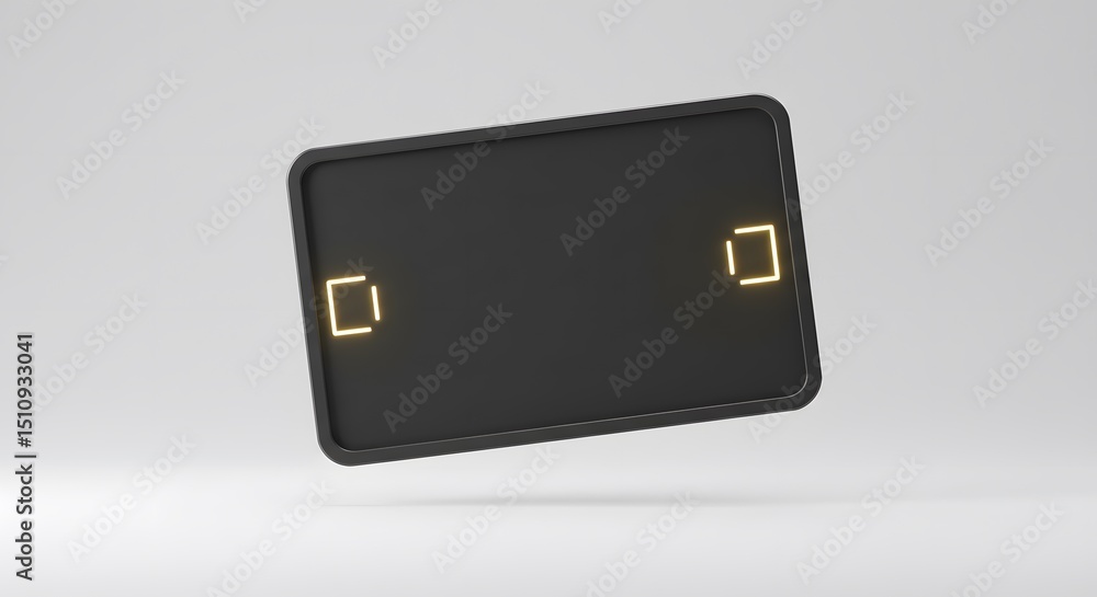 Poster sleek black rectangular device with glowing corner indicators: futuristic technology design