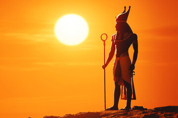 Silhouette of an Egyptian pharaoh standing tall with a staff