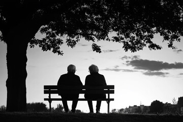 Silhouette of an elderly couple sitting on a bench together