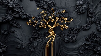 Ornate gold tree design on a dark background.