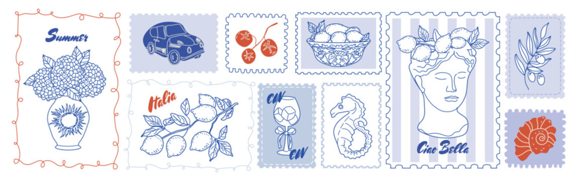 Summer stamp from Italy with lemon and Amalfi beach. Vintage postcard style vector illustration. Retro travel design with  car, shells, wine and coastal vacation theme.	