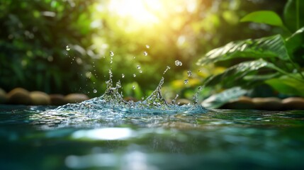 Water splashing in lush jungle nature photography serene environment