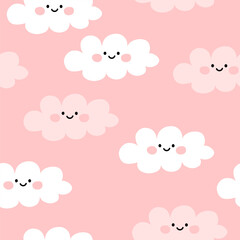 Baby seamless pattern with cute clouds in pink and white colors. Vector illustration.
