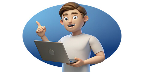 Cartoon man with laptop pointing up isolated on transparent background