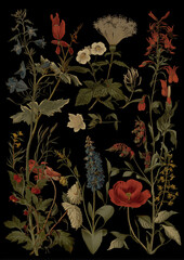 botanical leaves, spices, vintage flowers, dark background, wildflower, book cover 