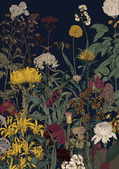 botanical leaves, spices, vintage flowers, dark background, wildflower, book cover 