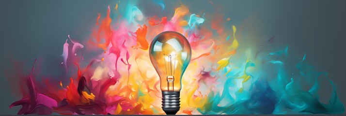 Fototapeta premium A single light bulb glowing amidst a panoramic explosion of vivid colors representing a powerful idea emerging from a wonderfully chaotic creative process or thought