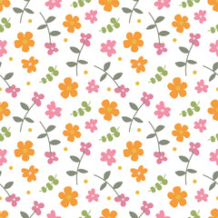Abstract simple background, summer theme. Seamless pattern with flowers and leaves. Summer texture. Vector illustration.