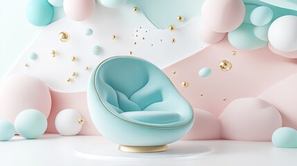 Fototapeta premium Light teal egg-shaped armchair against a pastel-colored backdrop.