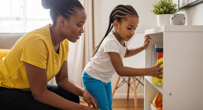 Mom beside daughter helping her put away her plush toys on the shelf in her bedroom