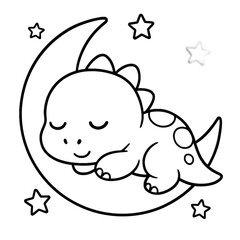 Obraz premium Sweet Dreams of Dino: An adorable dinosaur dreams peacefully on the moon, surrounded by twinkling stars, in this charming and whimsical illustration.