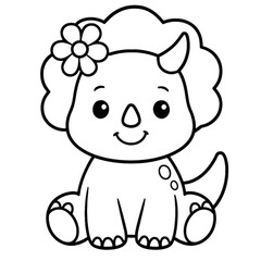 Obraz premium Cute Triceratops Coloring Page: A delightful and adorable illustration of a triceratops, perfect for a coloring activity, smiling gently with a flower on its head.