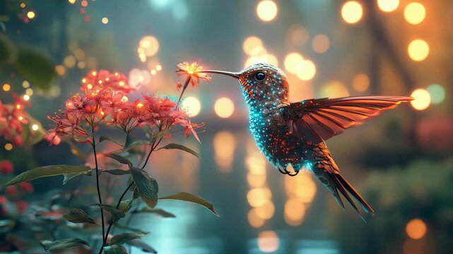 Witness the grace of a hummingbird as it hovers over a vibrant flower in this stunning nature scene.
