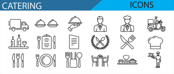 Vector icons for restaurants and catering services, including food, chefs, and delivery.