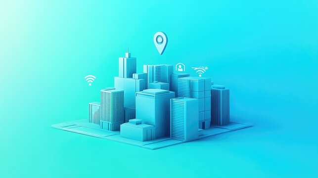 3d model of a city with connectivity icons.
