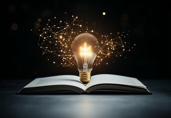 A glowing light bulb resting on an open book surrounded by magical golden particles symbolizing knowledge inspiration and the bright ideas found within literature