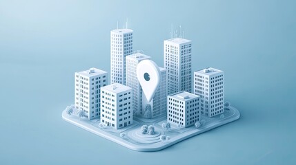 A stylized, miniature city model, showcasing a location marker.