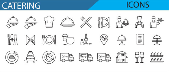 Icons for food delivery and catering, including chefs, menus, and food setups.