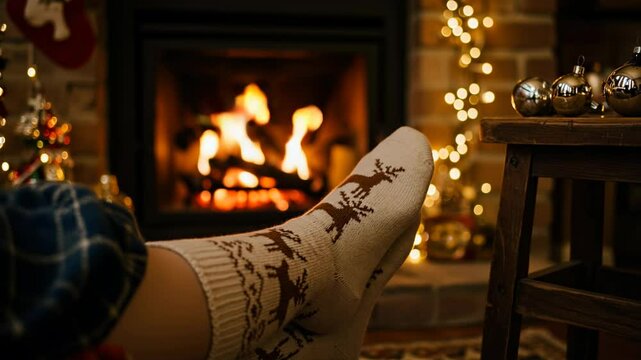 Cozy socks with reindeer pattern resting by the fireplace during winter  