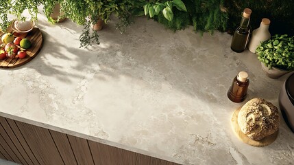 Light beige countertop with plants and food