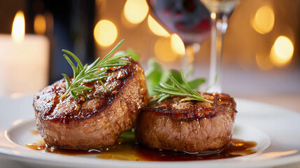delicious steaks pork medallions in a restaurant with glasses of wine and rosemary in the background