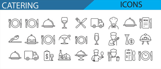 Collection of icons representing catering and restaurant services like meals and chefs.
