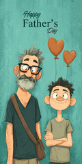 Happy father's day cartoon illustration of dad and son with heart balloons