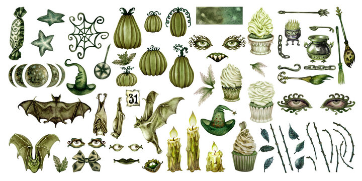 Large whimsical clipart set of watercolor green Halloween: pumpkins, bats, witch hats, eyes, cupcakes, candles, cauldron, brooms for spooky branding, seasonal decoration in bakeries, gift shops, event