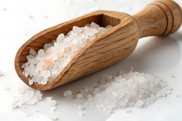 Himalayan pink salt crystals in a wooden scoop coarse grains perfect for cooking and seasoning on a white background
