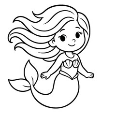 Enchanting Mermaid Illustration: An illustration of a charming, happy mermaid with flowing hair and a seashell top, swimming in a tranquil, undersea world. 