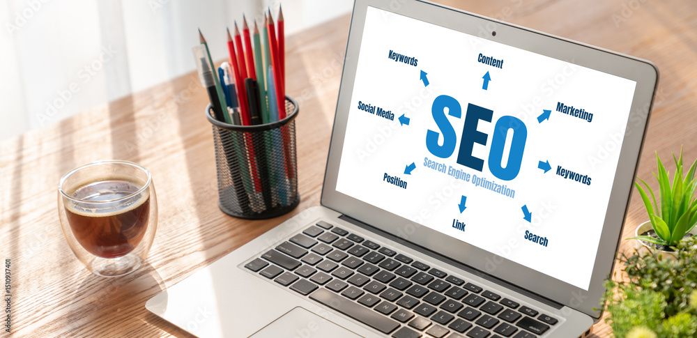 Poster seo search engine optimization for modish e-commerce and online retail business showing on computer 