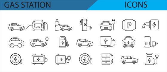 Hand-drawn vector icons for gas stations with fuel pumps, payment, and car refueling.