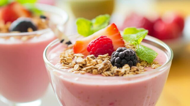 Vibrant berry smoothie parfaits with granola and fresh fruit topping in natural light