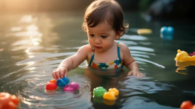 Ni&ntilde;ita jugando con sus juguetes en el agua